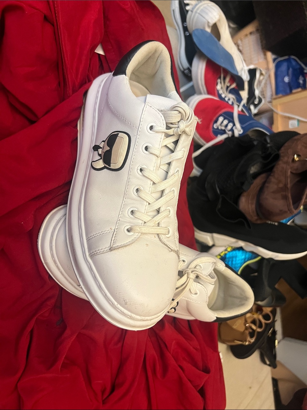 Karl Lagerfeld White Platform Lace-Up Sneakers with Black Heel Tab